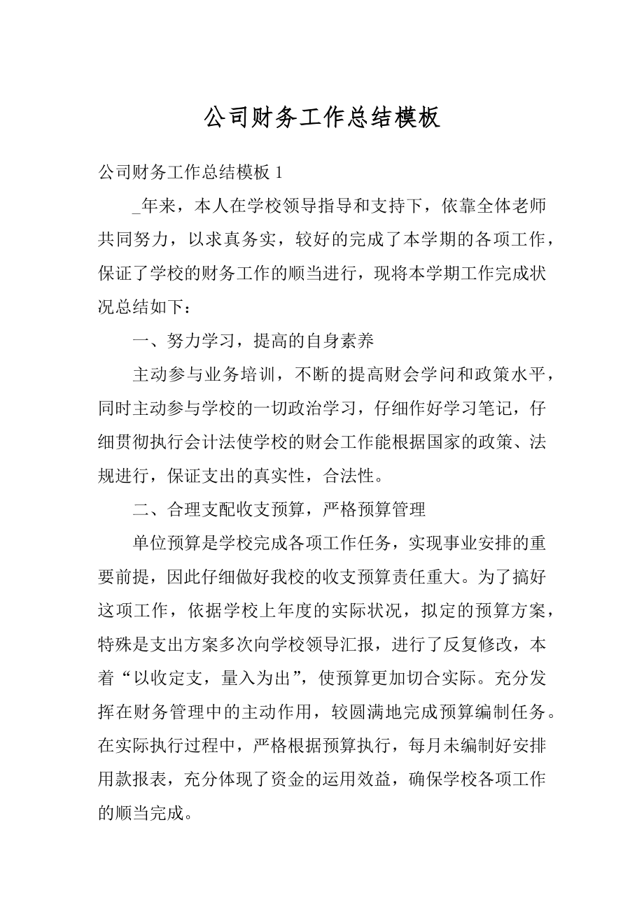 公司财务工作总结模板汇总.docx_第1页