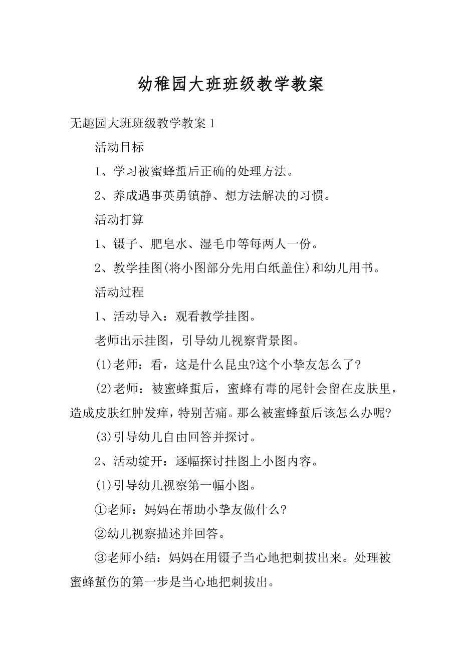 幼稚园大班班级教学教案优质.docx_第1页