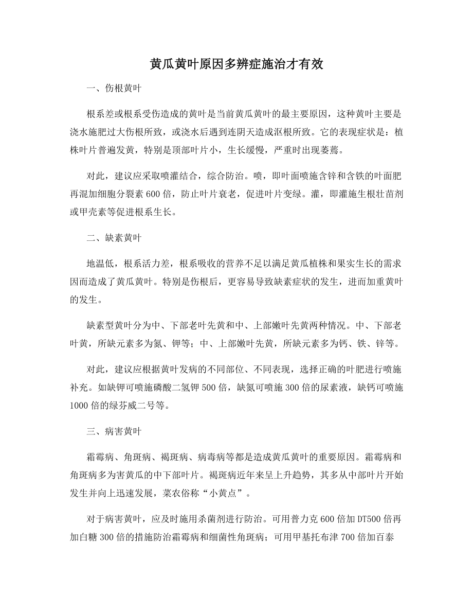 黄瓜黄叶原因多辨症施治才有效.docx_第1页