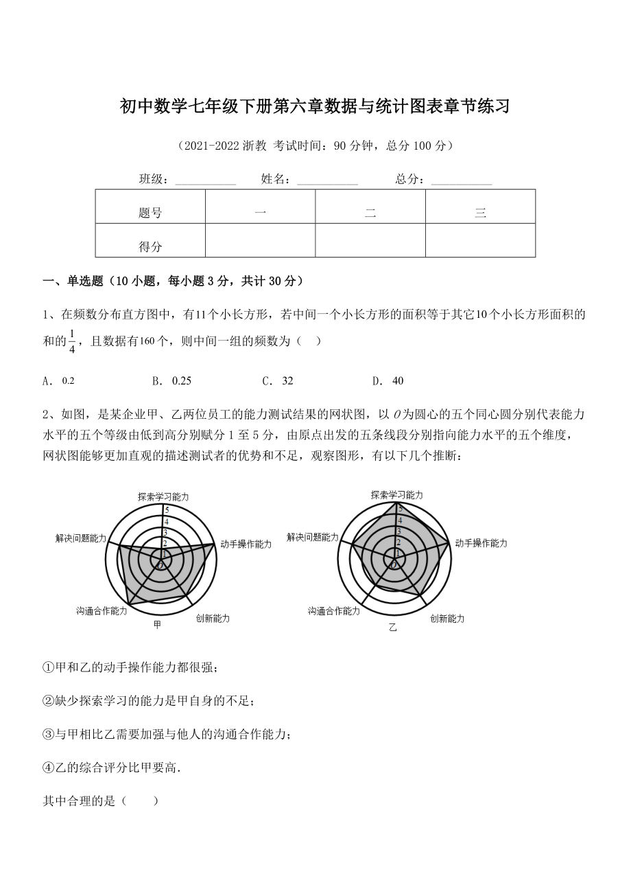 2022年浙教版初中数学七年级下册第六章数据与统计图表章节练习试卷(无超纲带解析).docx_第1页