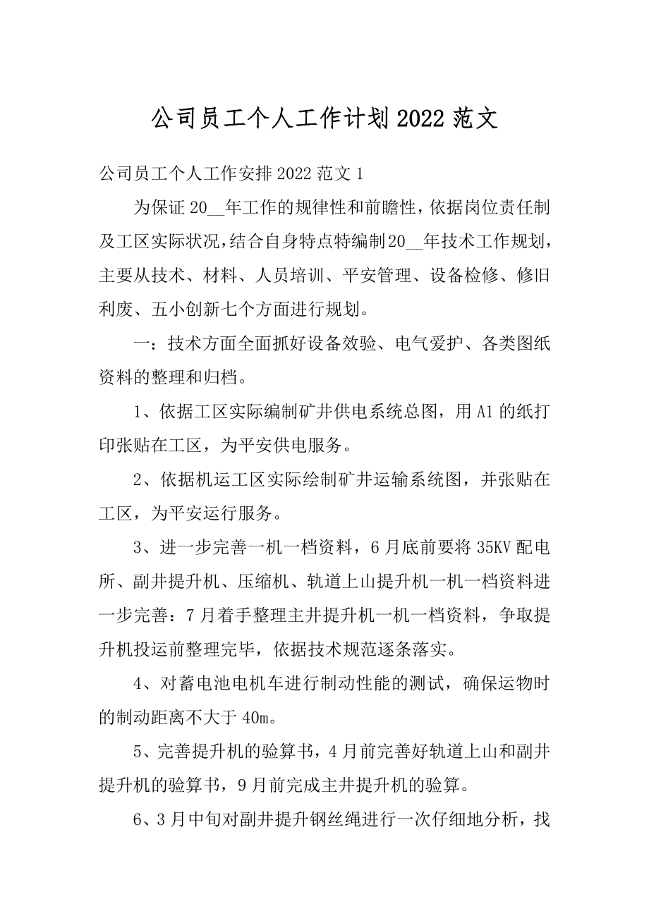 公司员工个人工作计划2022范文精编.docx_第1页