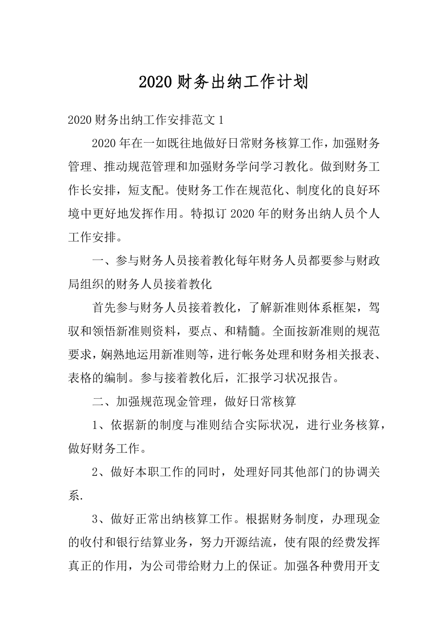 2020财务出纳工作计划汇编.docx_第1页