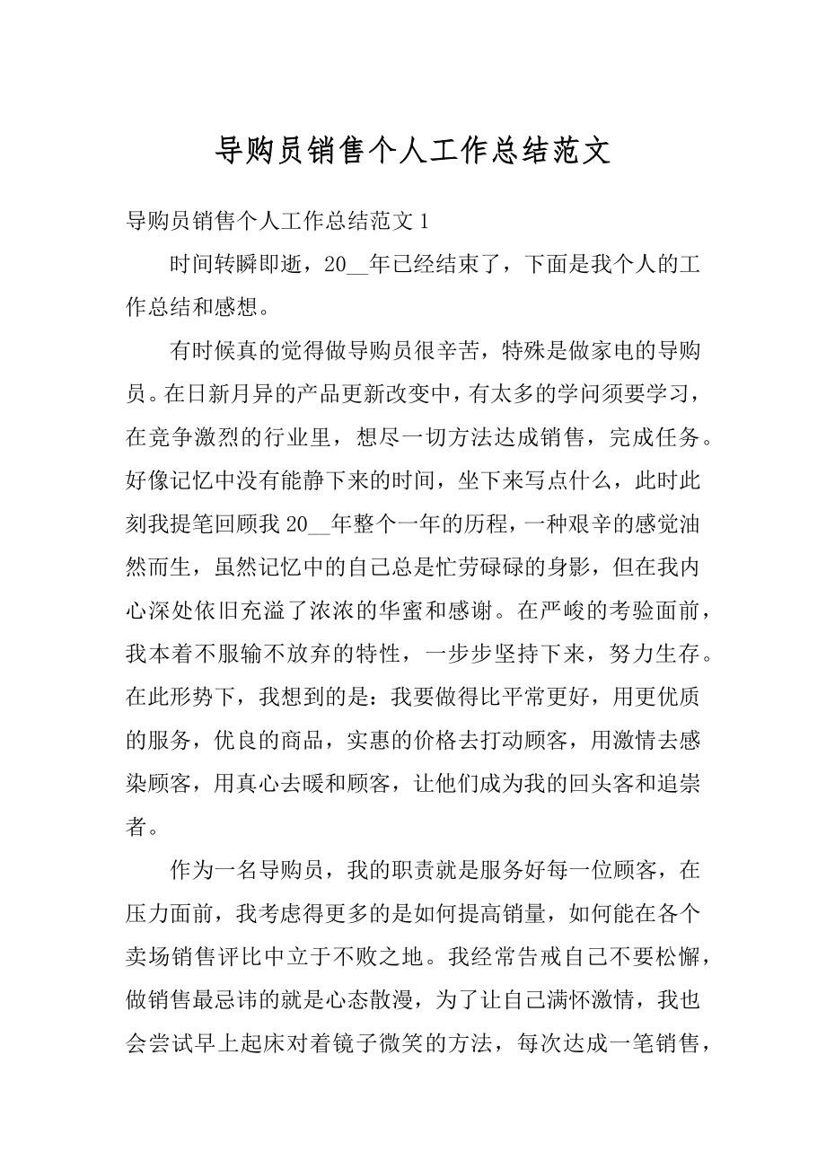 导购员销售个人工作总结范文汇总.docx_第1页