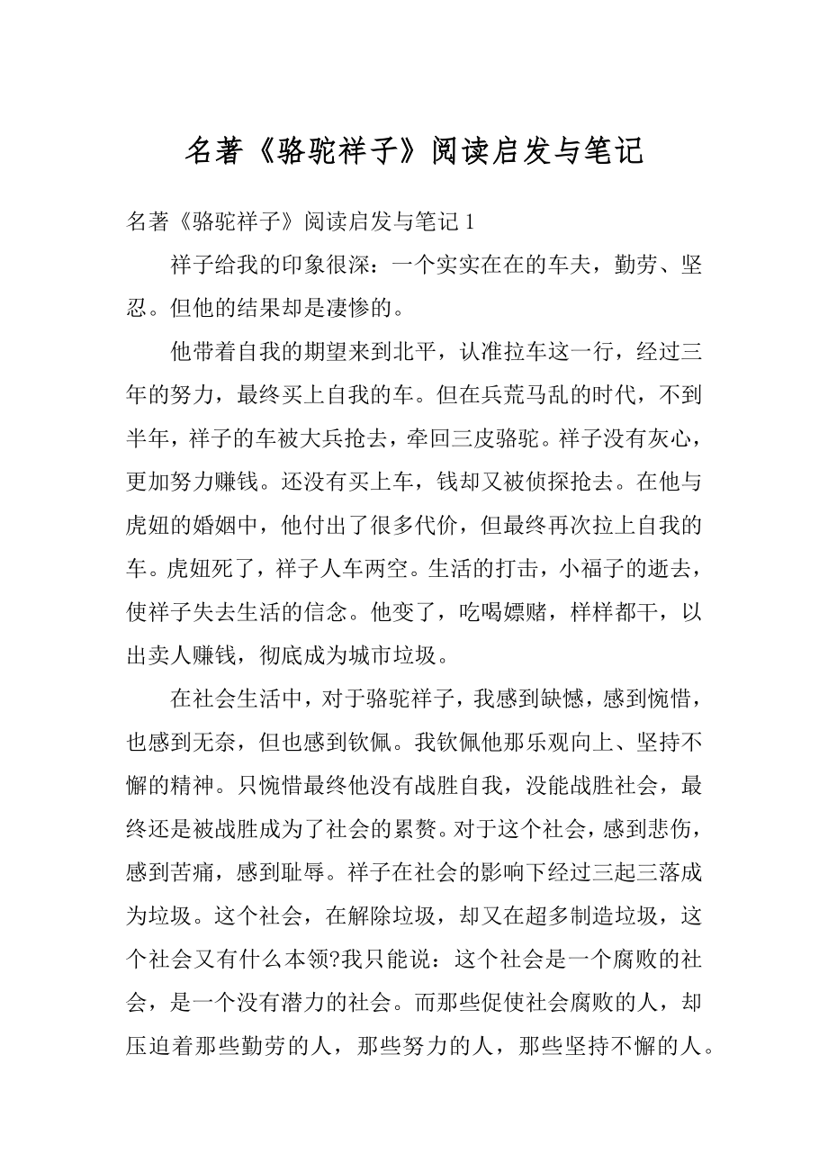 名著《骆驼祥子》阅读启发与笔记精选.docx_第1页