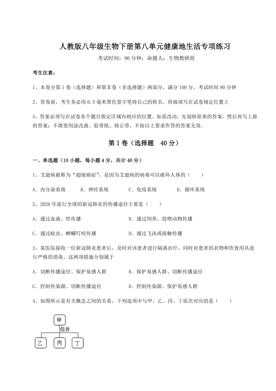 2022年最新人教版八年级生物下册第八单元健康地生活专项练习试题.docx_第1页