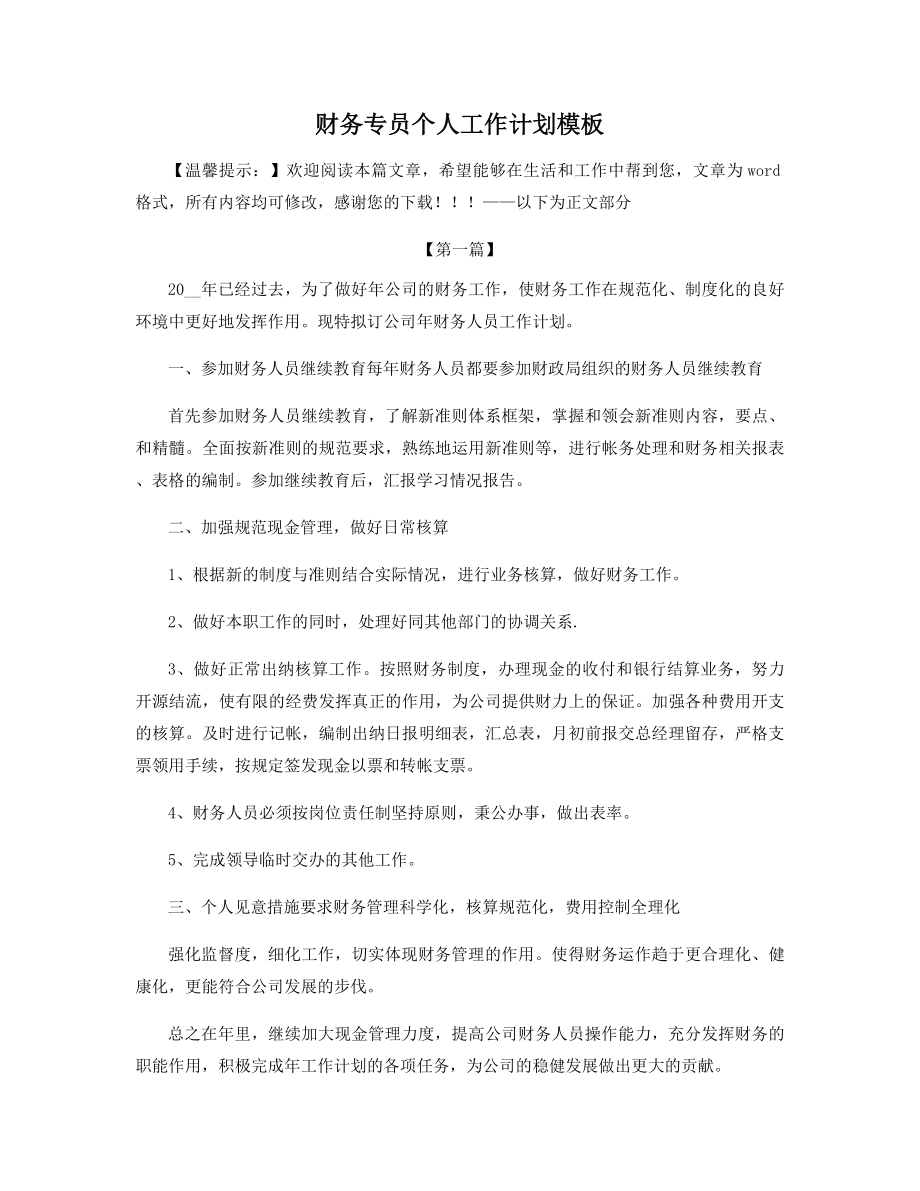 财务专员个人工作计划模板精选.docx_第1页