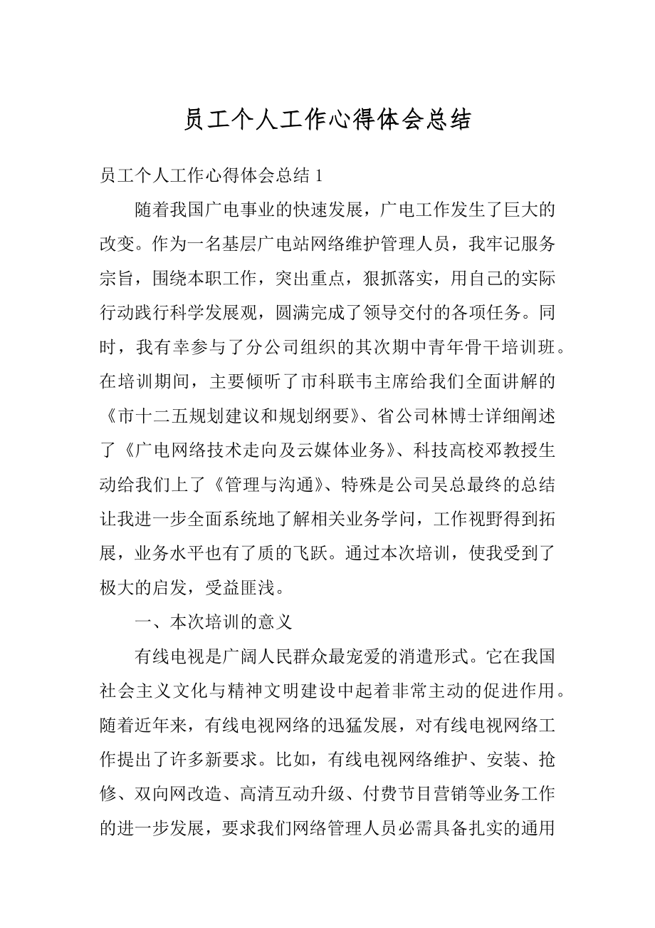 员工个人工作心得体会总结精选.docx_第1页