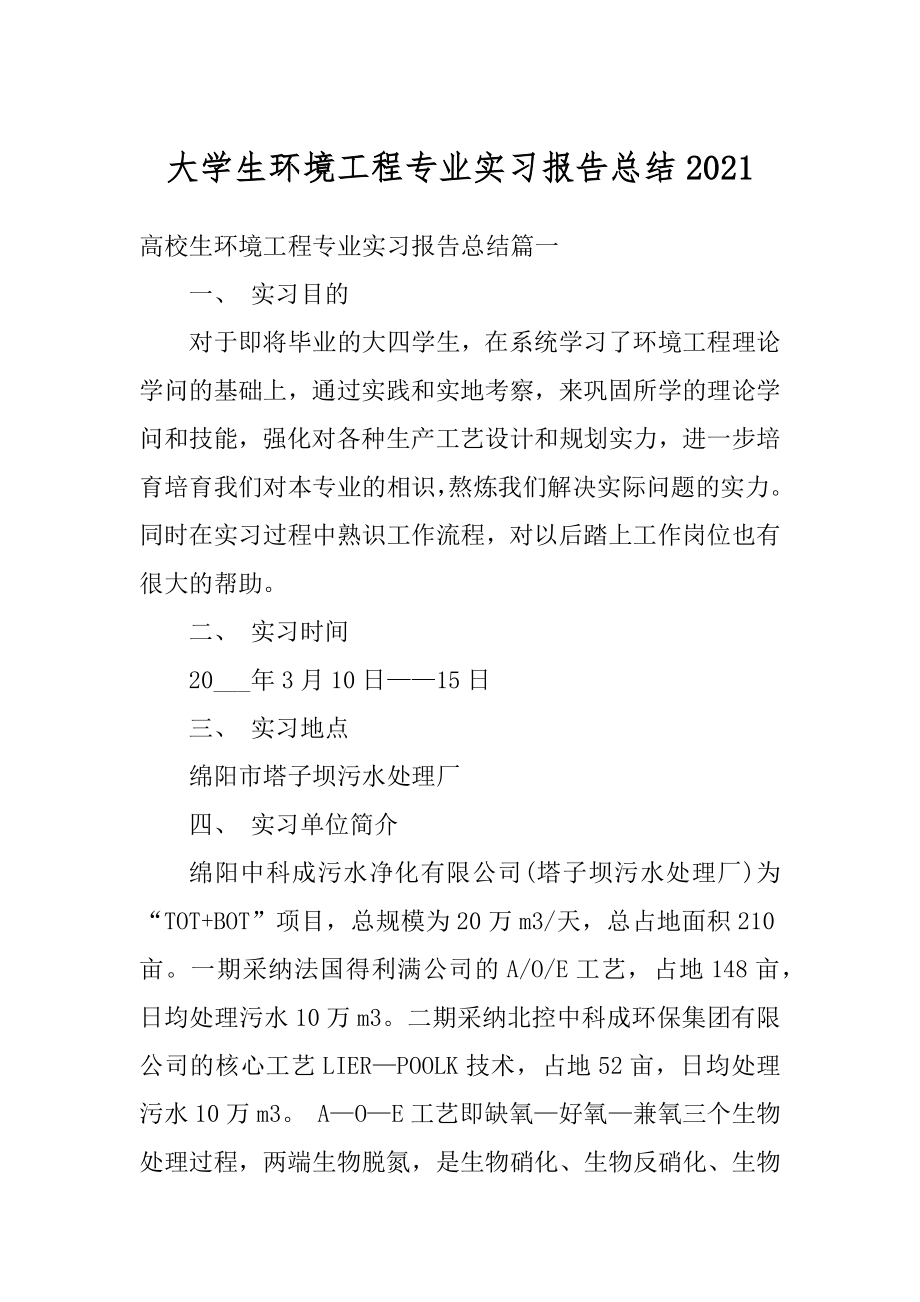 大学生环境工程专业实习报告总结例文.docx_第1页