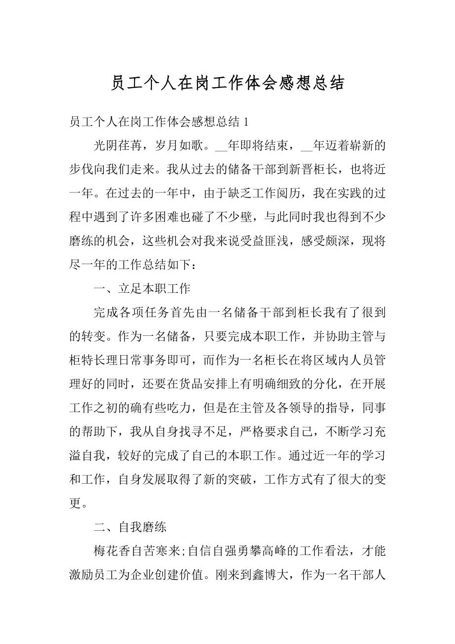 员工个人在岗工作体会感想总结精选.docx_第1页