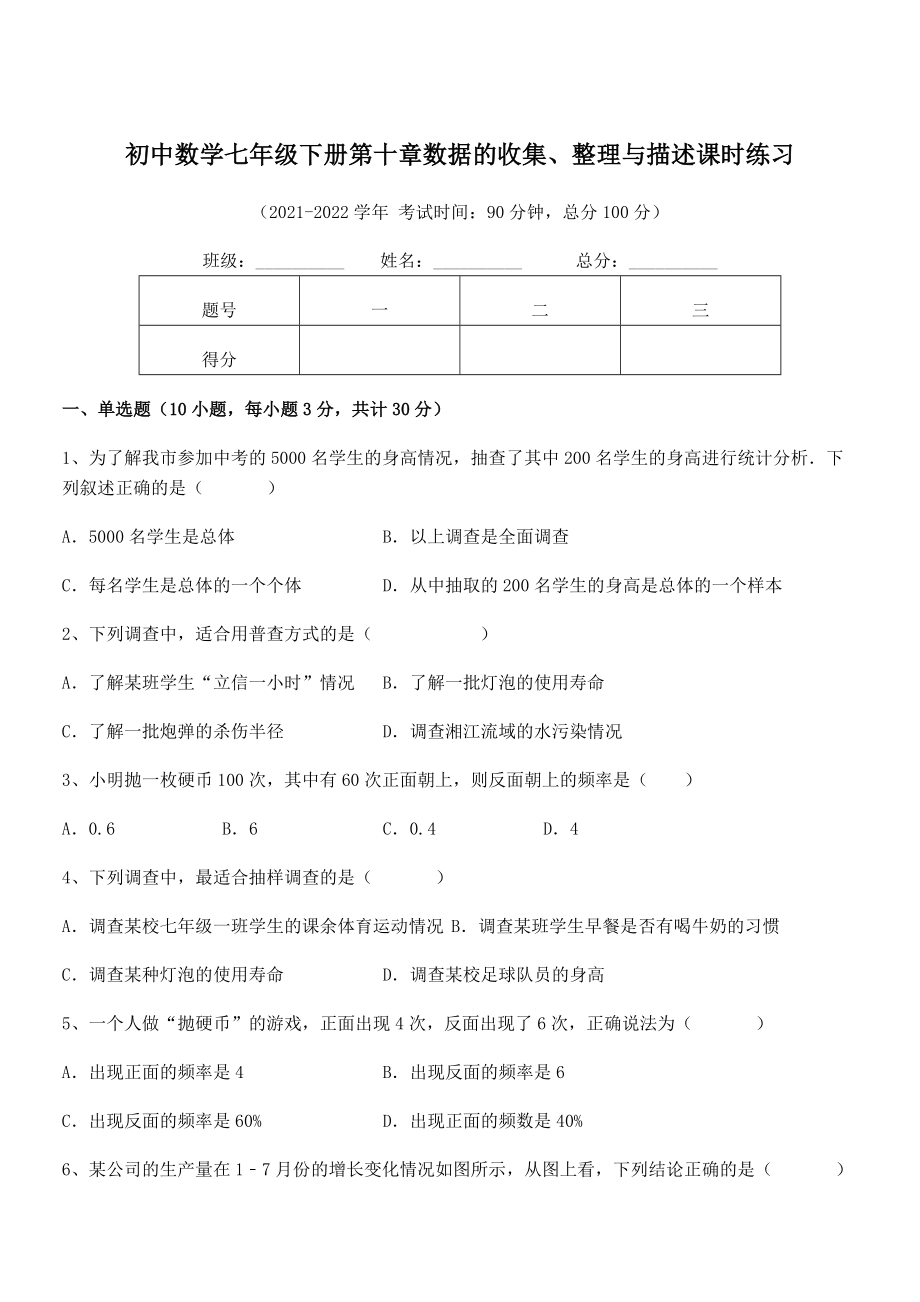 中考特训人教版初中数学七年级下册第十章数据的收集、整理与描述课时练习试卷.docx_第1页