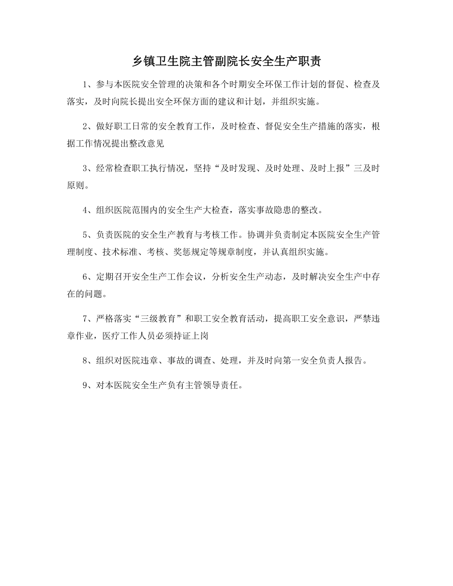 乡镇卫生院主管副院长安全生产职责.docx_第1页