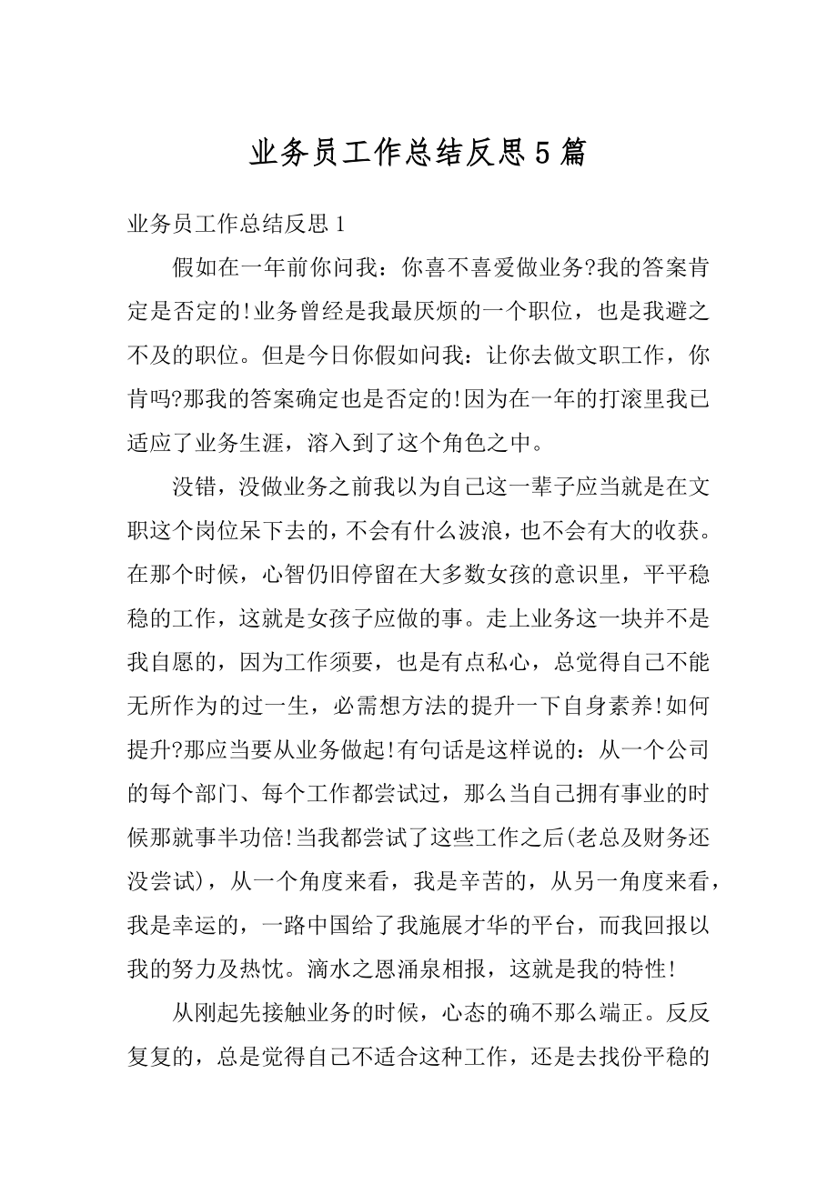 业务员工作总结反思5篇汇总.docx_第1页