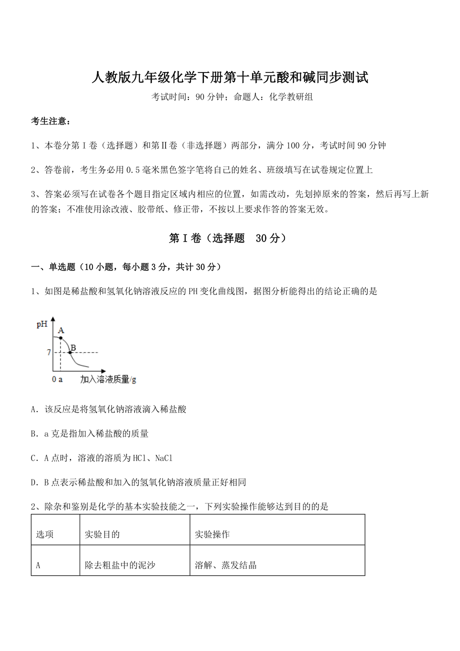 精品解析2022年人教版九年级化学下册第十单元酸和碱同步测试试卷(无超纲).docx_第1页