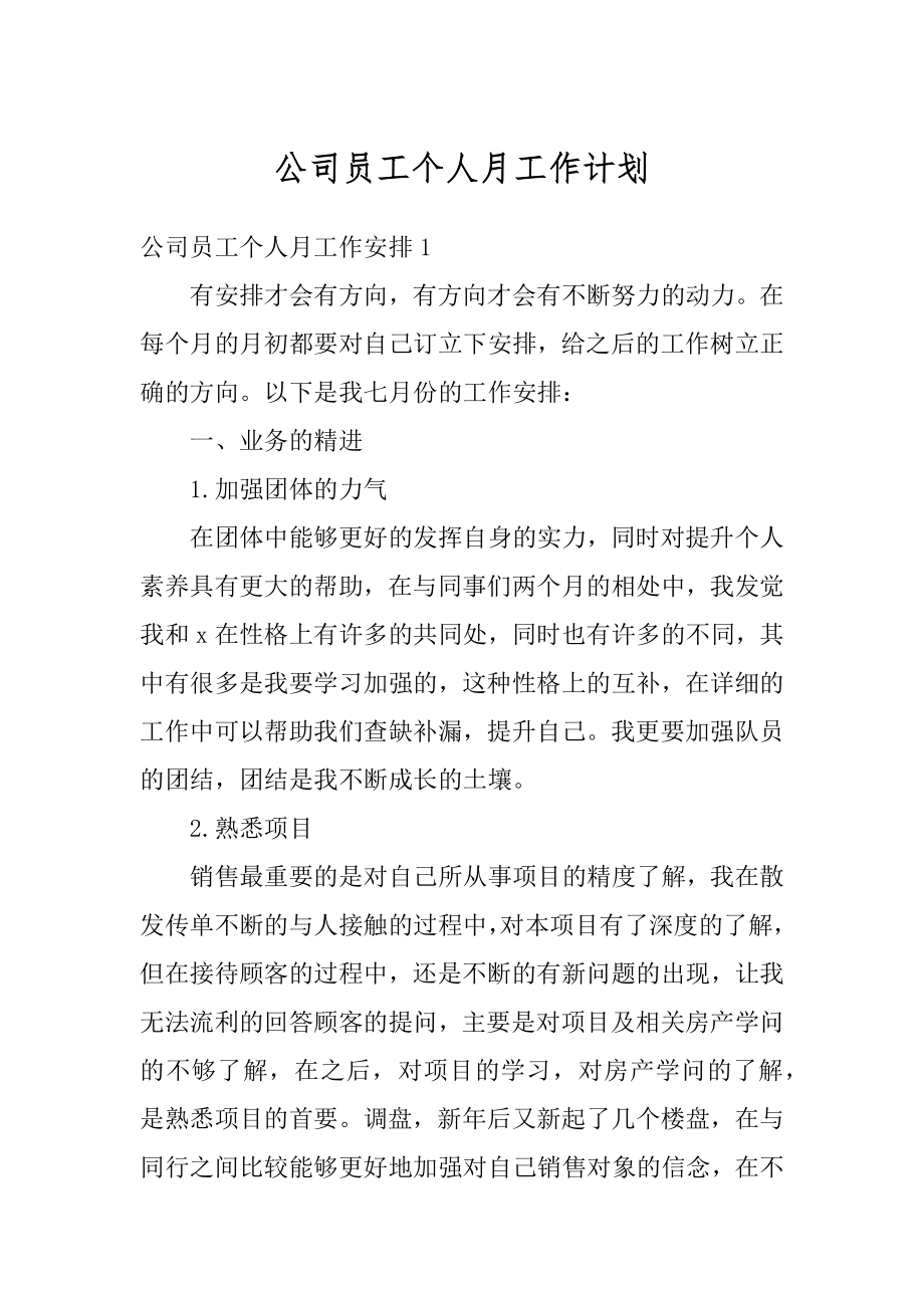 公司员工个人月工作计划范例.docx_第1页