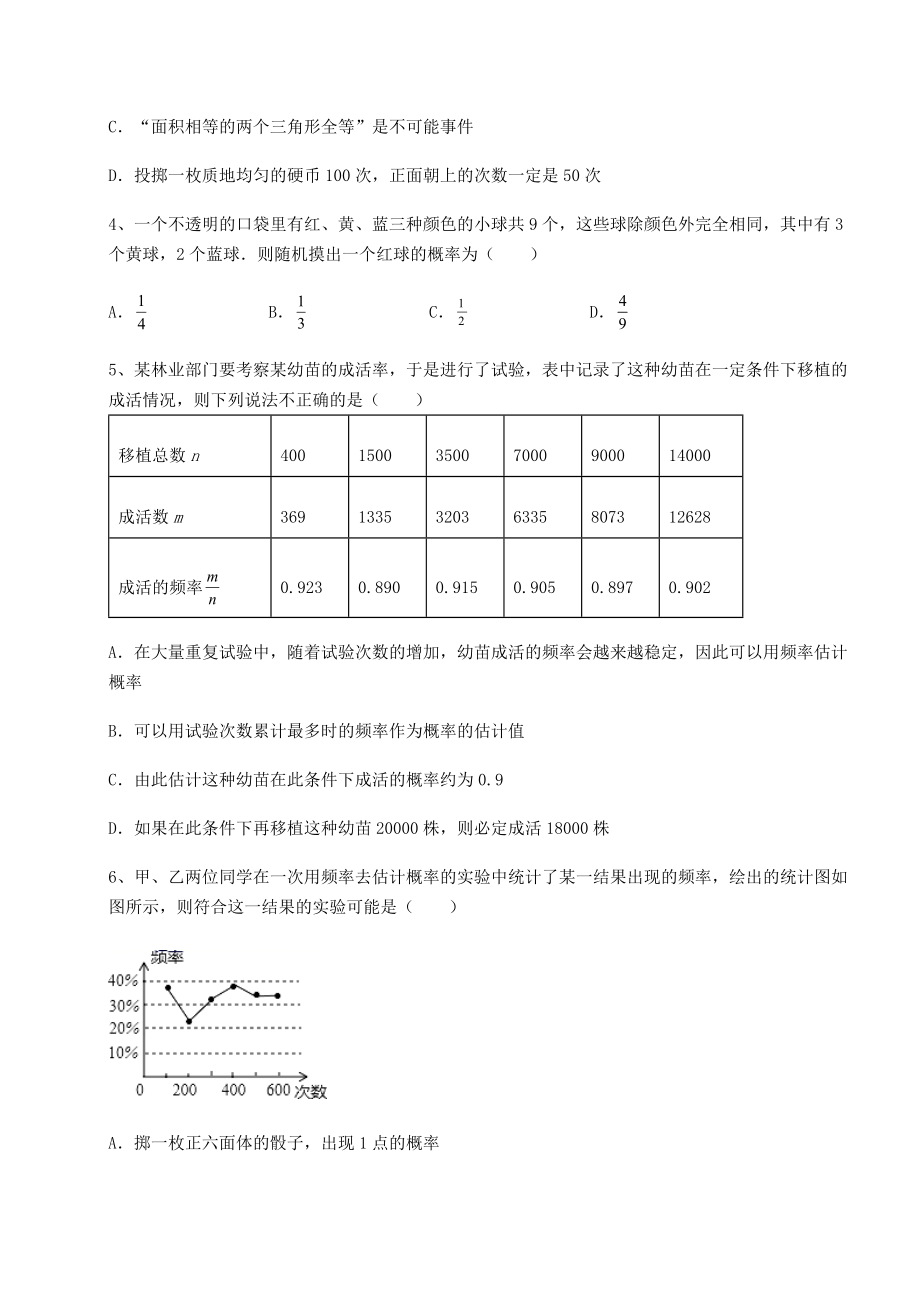 2022年精品解析沪科版九年级数学下册第26章概率初步专题攻克试题(含详解).docx_第2页