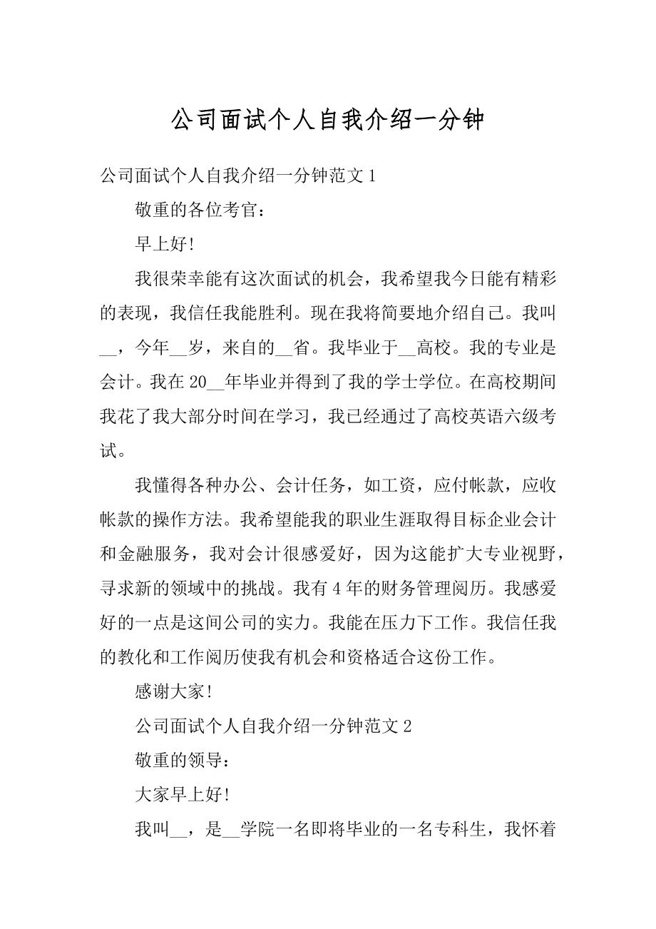 公司面试个人自我介绍一分钟范例.docx_第1页