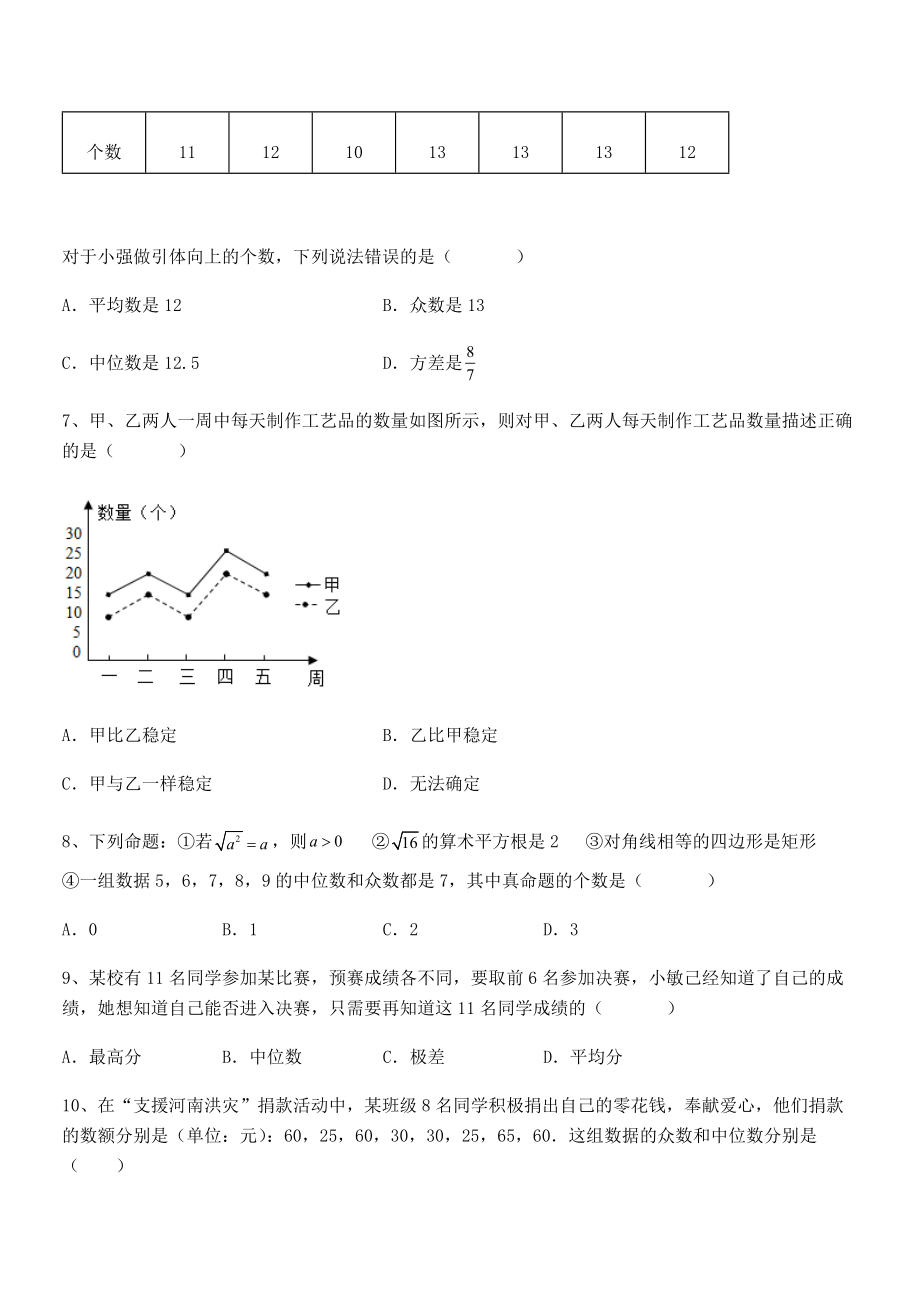 精品解析2021-2022学年人教版八年级数学下册第二十章-数据的分析章节测试练习题(名师精选).docx_第2页