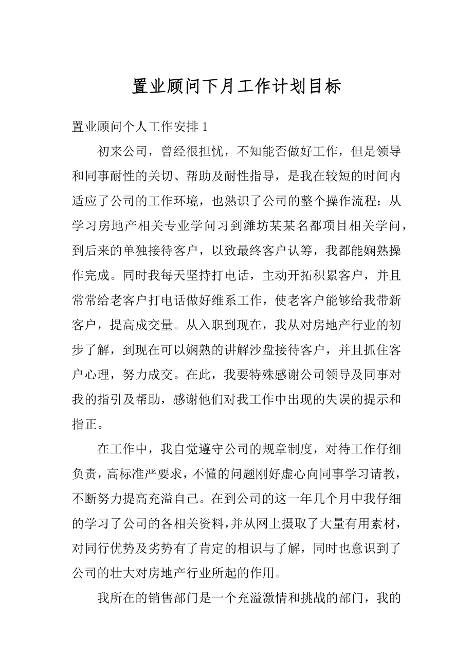 置业顾问下月工作计划目标精选.docx_第1页