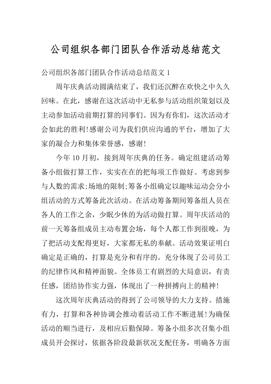 公司组织各部门团队合作活动总结范文最新.docx_第1页