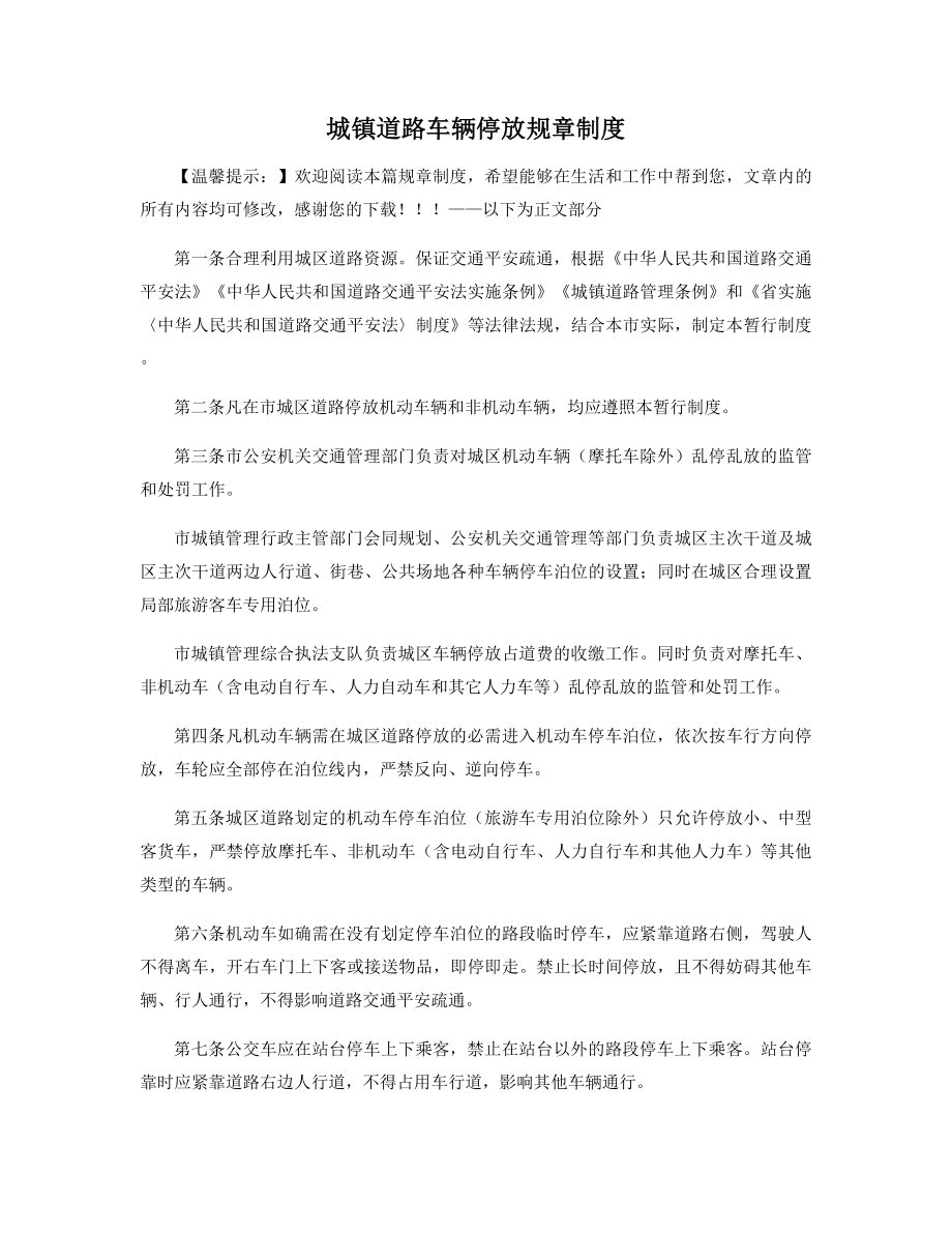 城镇道路车辆停放规章制度精选.docx_第1页