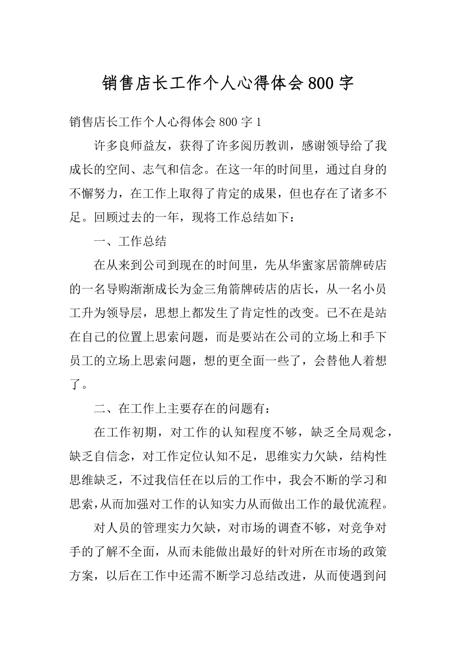 销售店长工作个人心得体会800字例文.docx_第1页