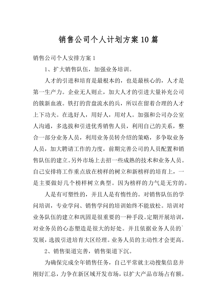 销售公司个人计划方案10篇优质.docx_第1页