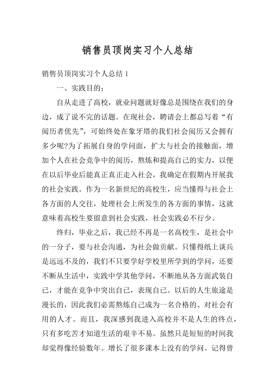 销售员顶岗实习个人总结精品.docx_第1页