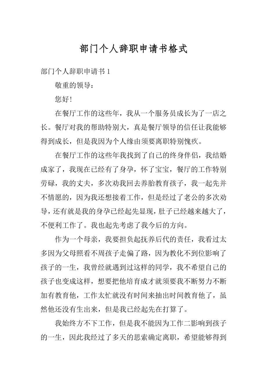 部门个人辞职申请书格式精编.docx_第1页