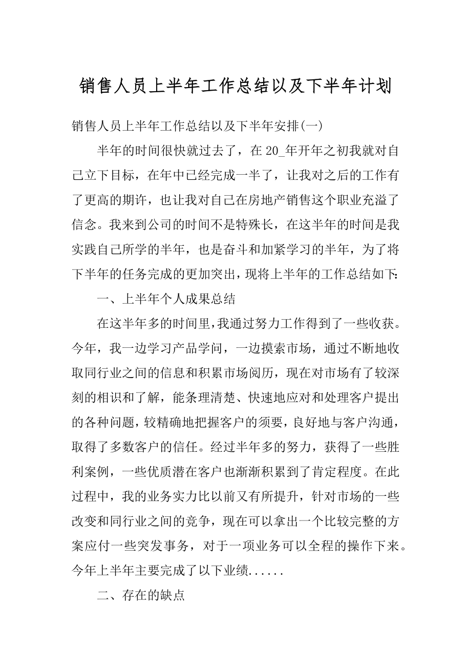 销售人员上半年工作总结以及下半年计划优质.docx_第1页