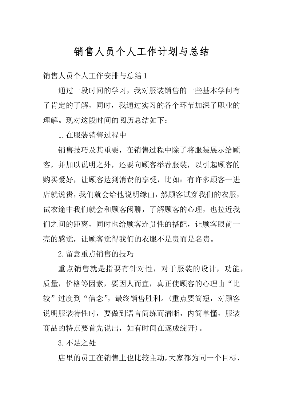 销售人员个人工作计划与总结范本.docx_第1页