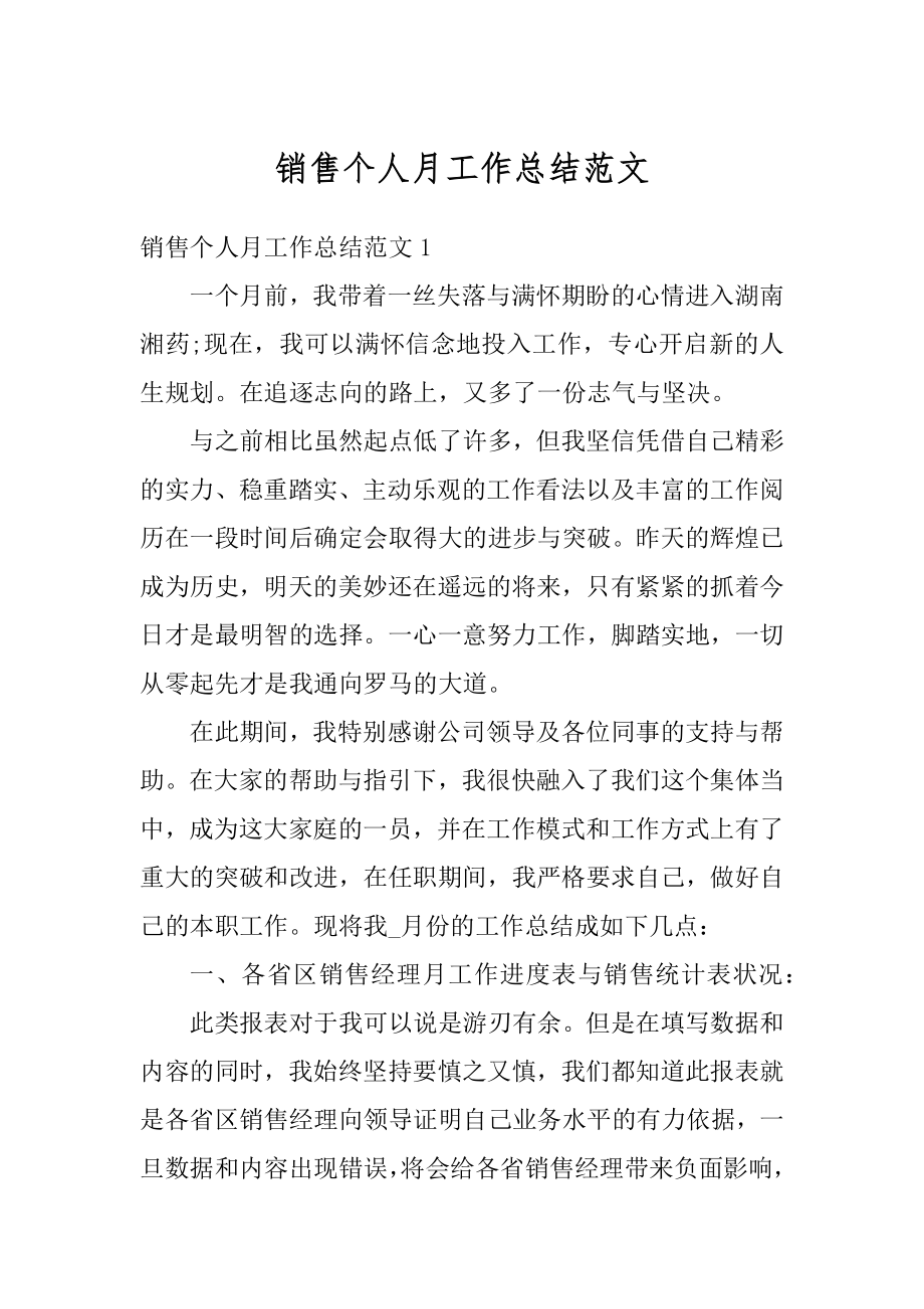 销售个人月工作总结范文优质.docx_第1页