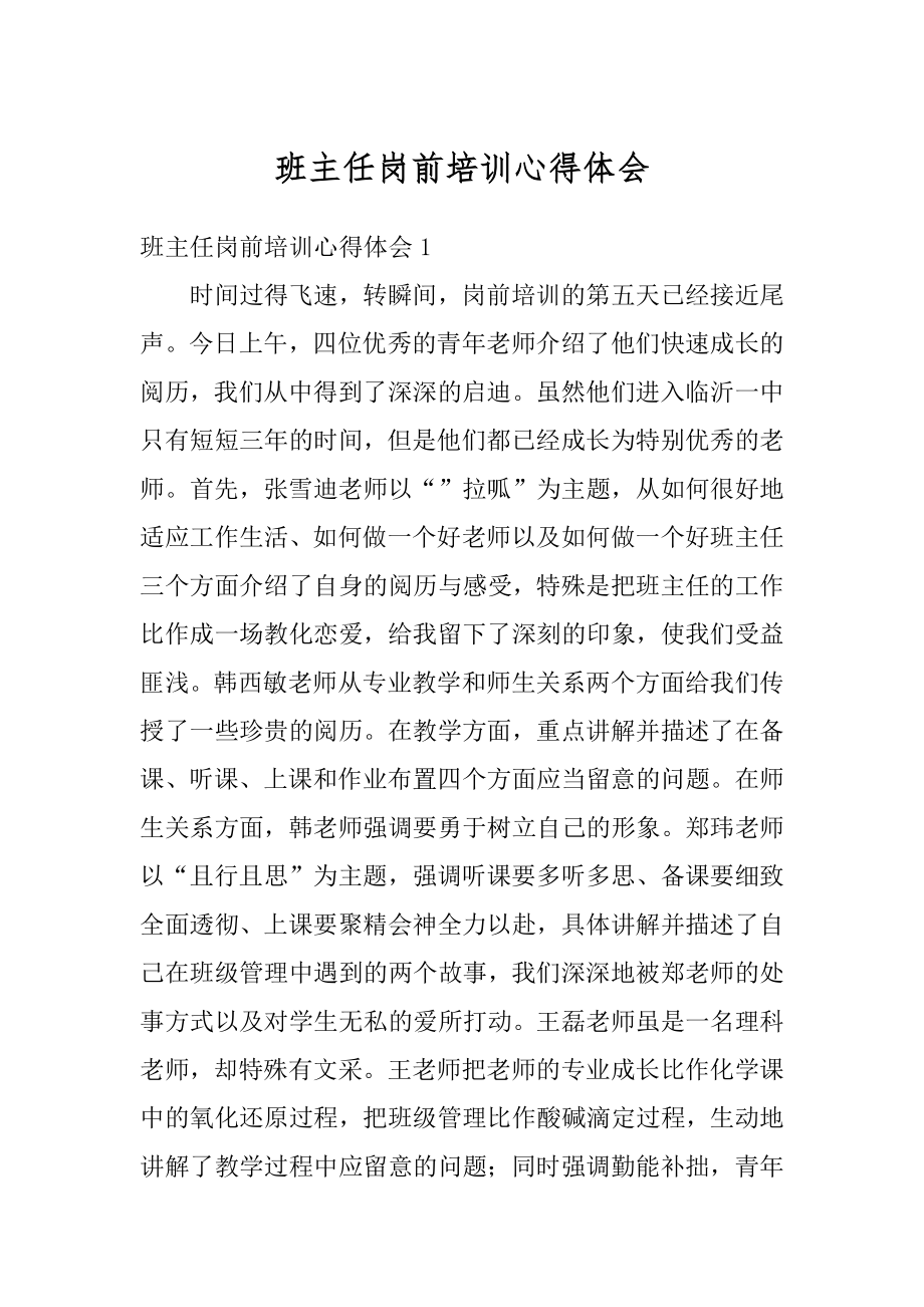 班主任岗前培训心得体会例文.docx_第1页