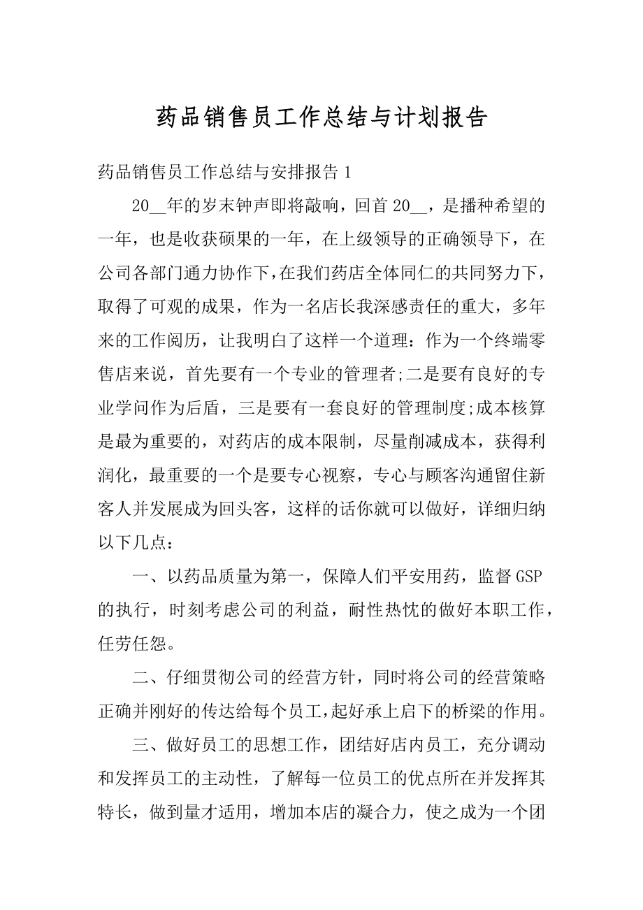 药品销售员工作总结与计划报告精选.docx_第1页