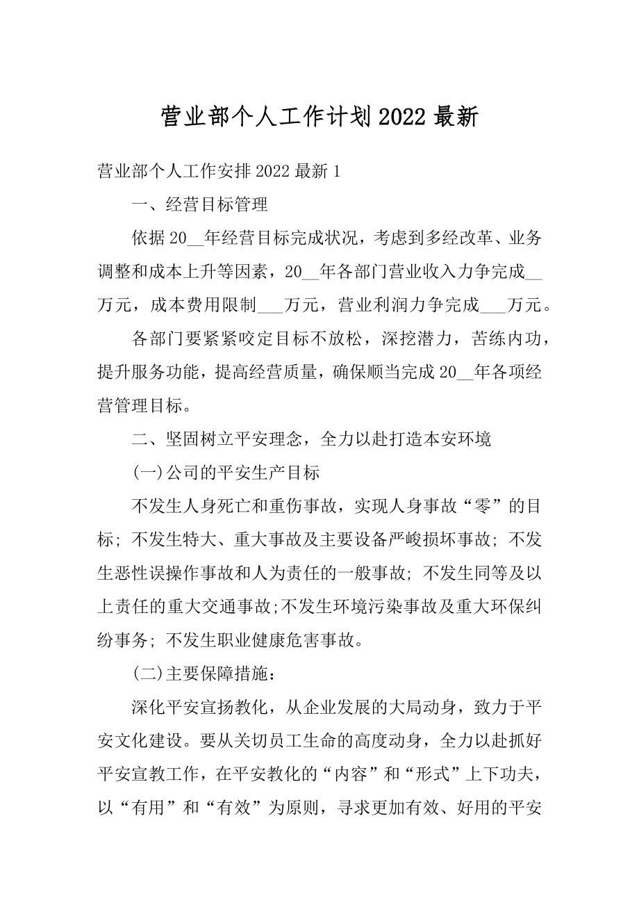 营业部个人工作计划2022最新精编.docx_第1页