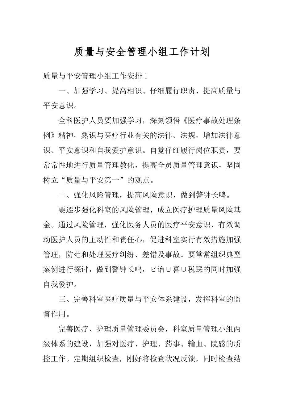 质量与安全管理小组工作计划范例.docx_第1页