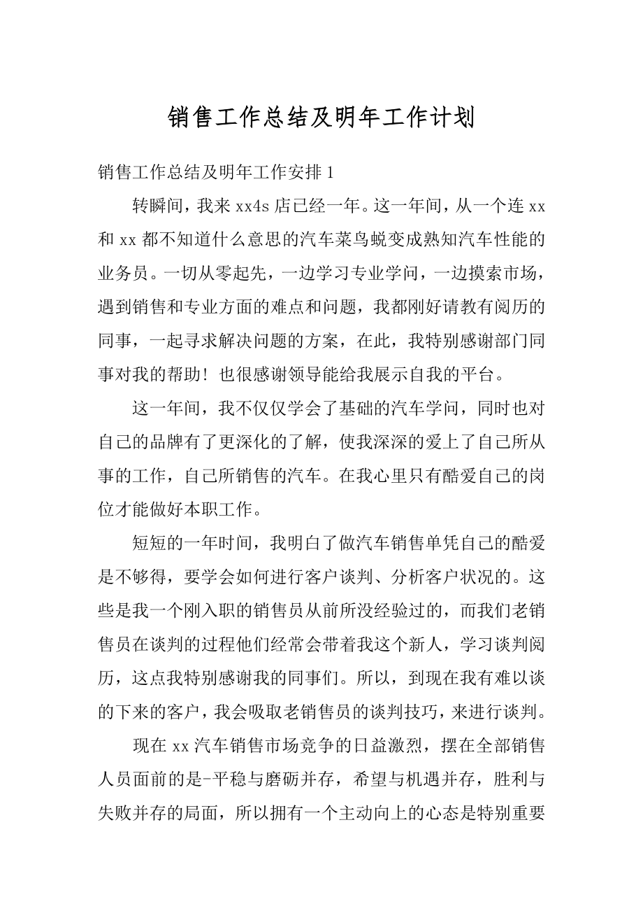 销售工作总结及明年工作计划精编.docx_第1页