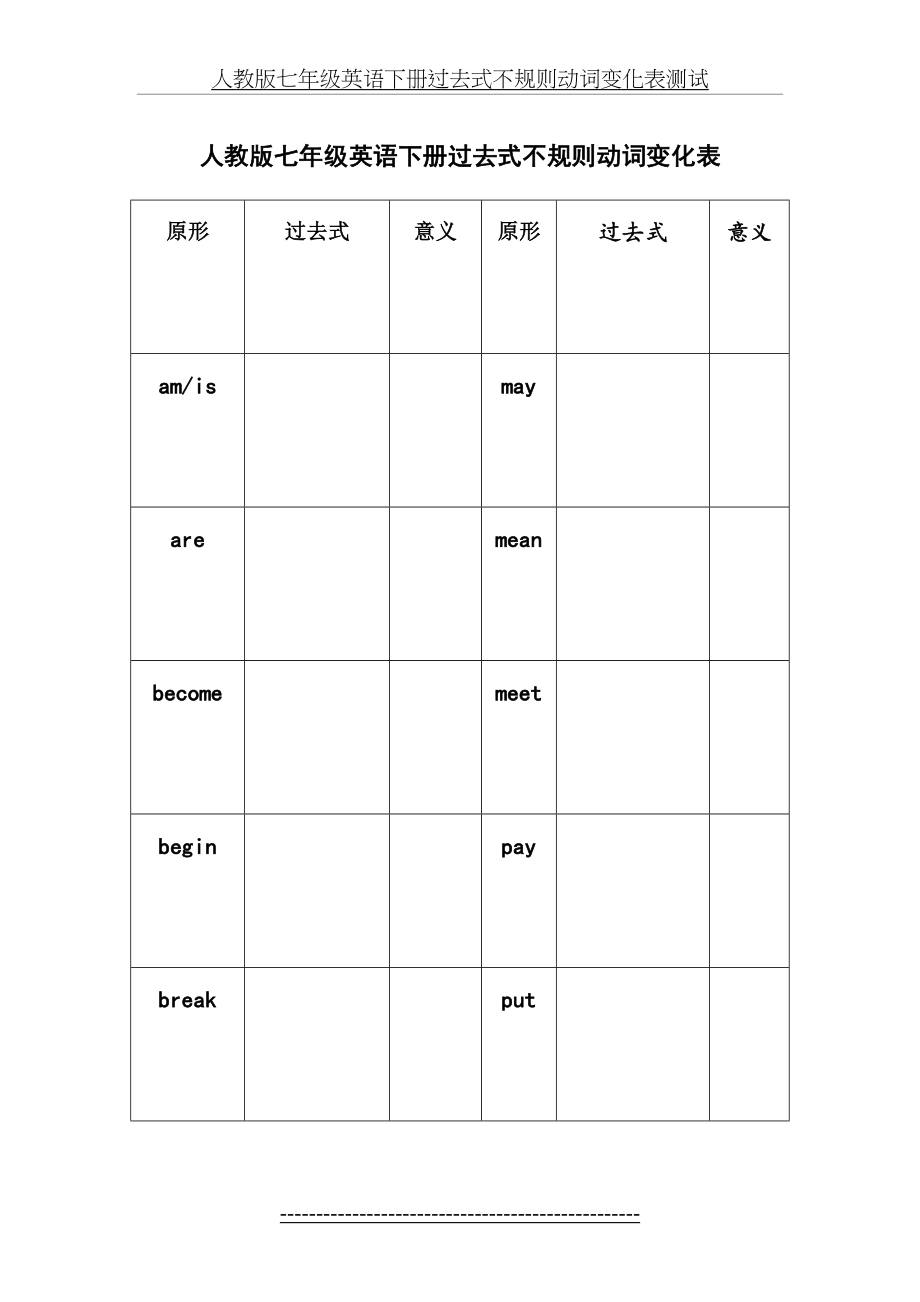 人教版七年级英语下册过去式不规则动词变化表测试.doc_第2页