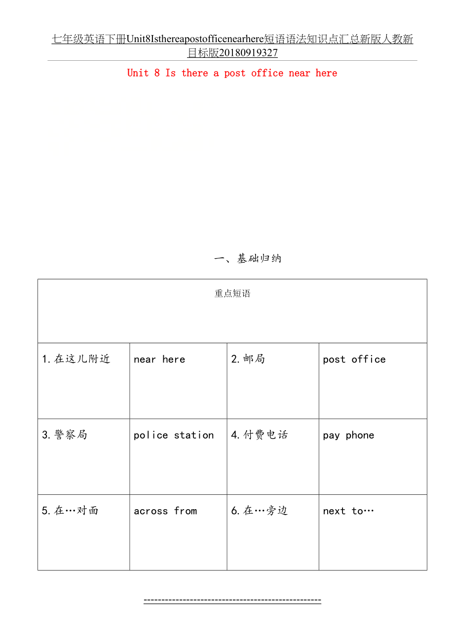 七年级英语下册unit8isthereapostofficenearhere短语语法知识点汇总新版人教新目标版0919327.doc_第2页