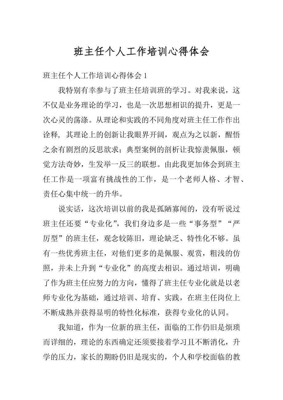 班主任个人工作培训心得体会范文.docx_第1页