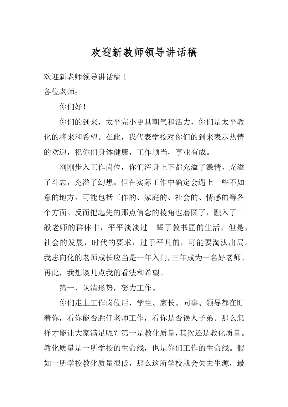 欢迎新教师领导讲话稿范文.docx_第1页