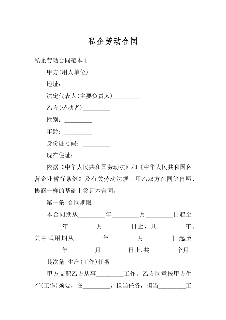 私企劳动合同精品.docx_第1页