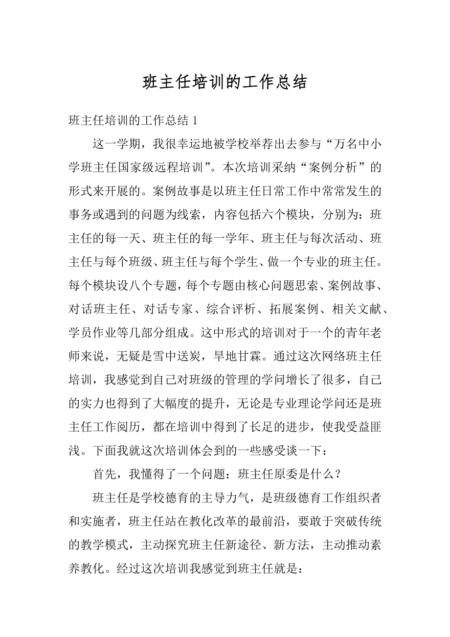 班主任培训的工作总结精选.docx_第1页