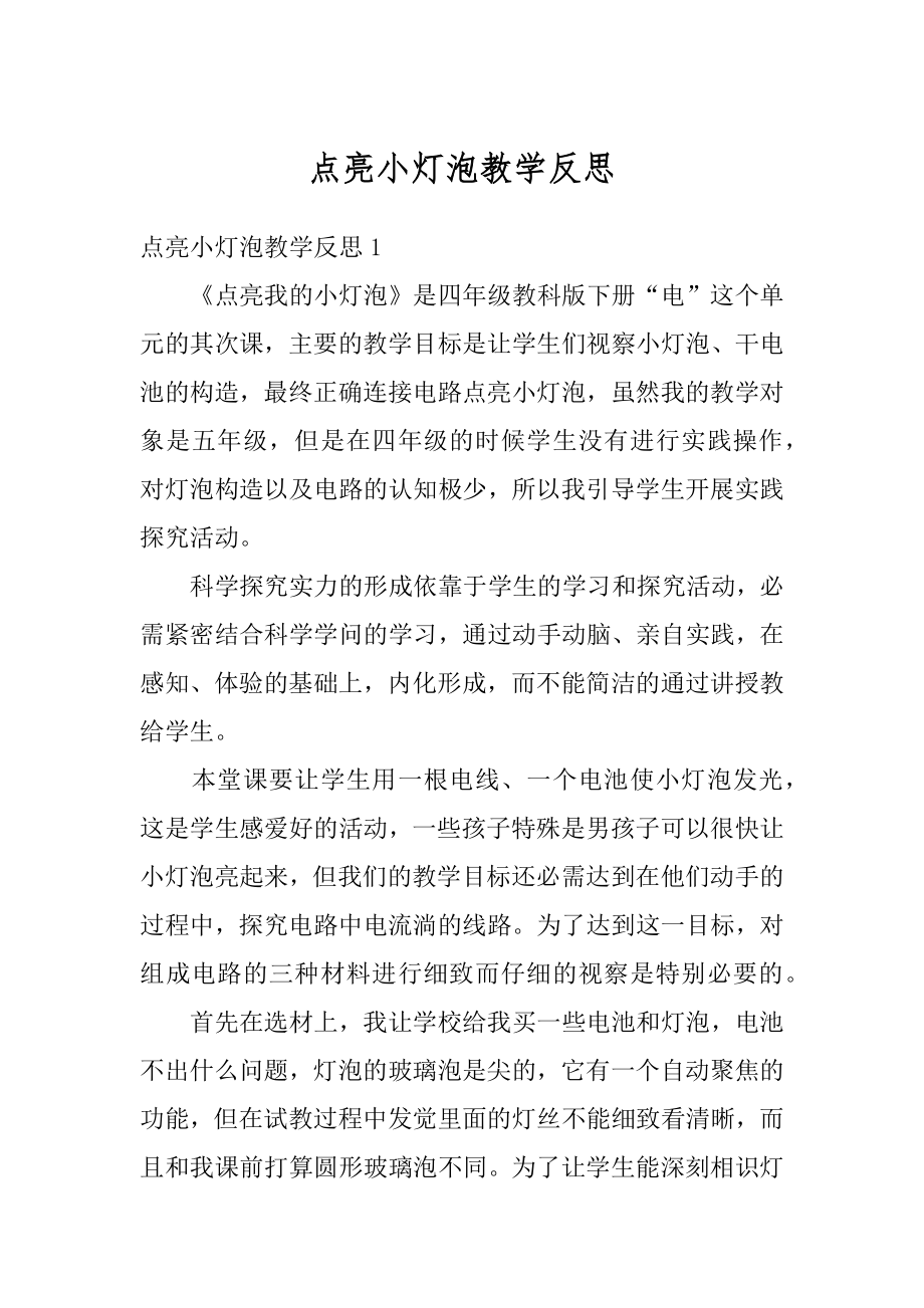 点亮小灯泡教学反思范例.docx_第1页