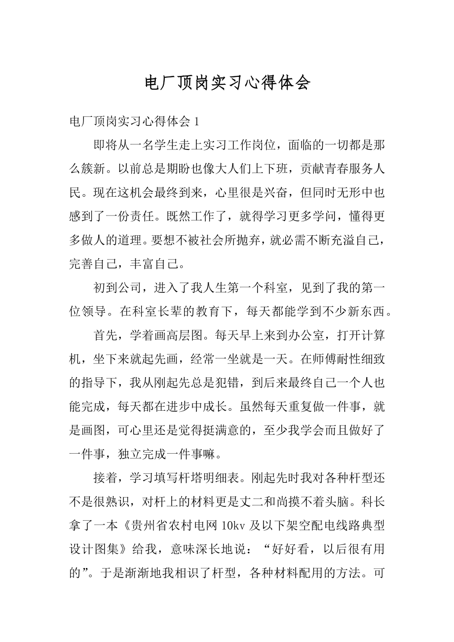 电厂顶岗实习心得体会范例.docx_第1页