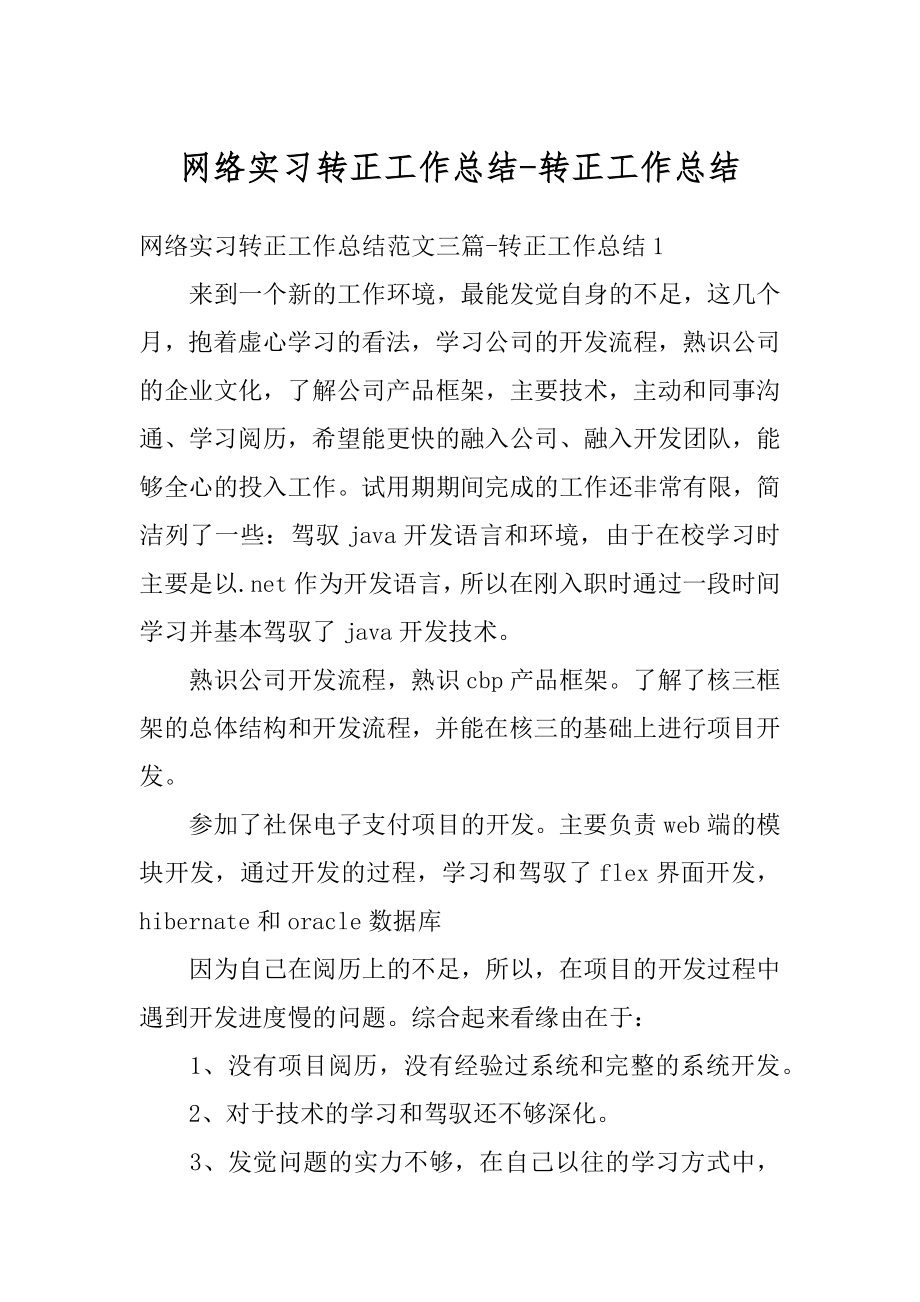 网络实习转正工作总结-转正工作总结范本.docx_第1页