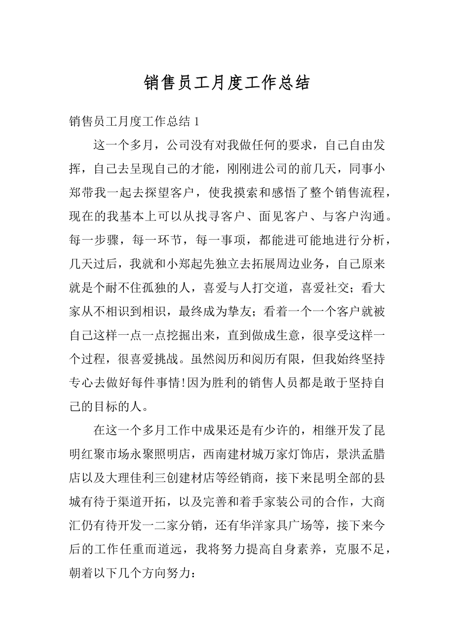 销售员工月度工作总结精品.docx_第1页