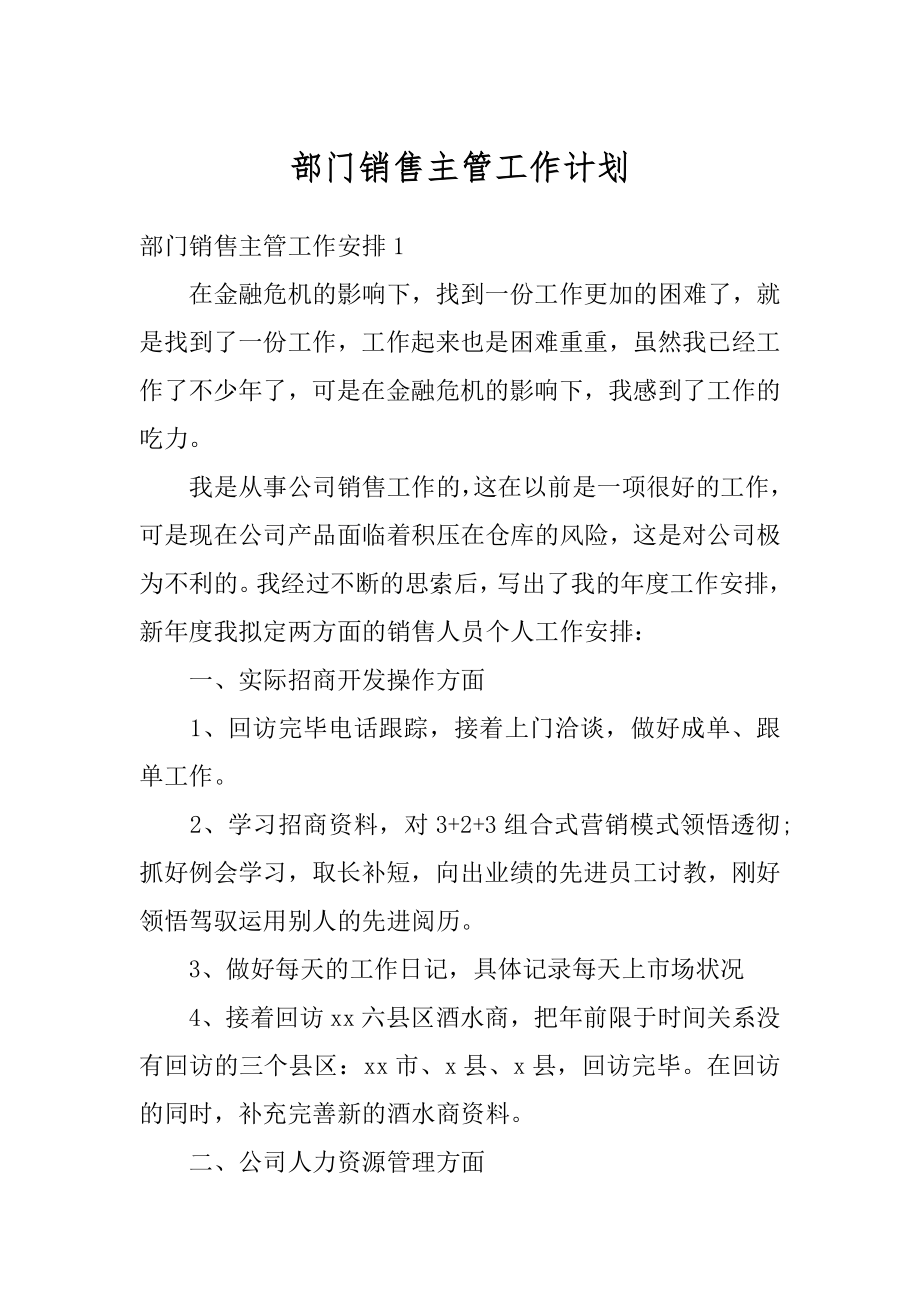 部门销售主管工作计划优质.docx_第1页