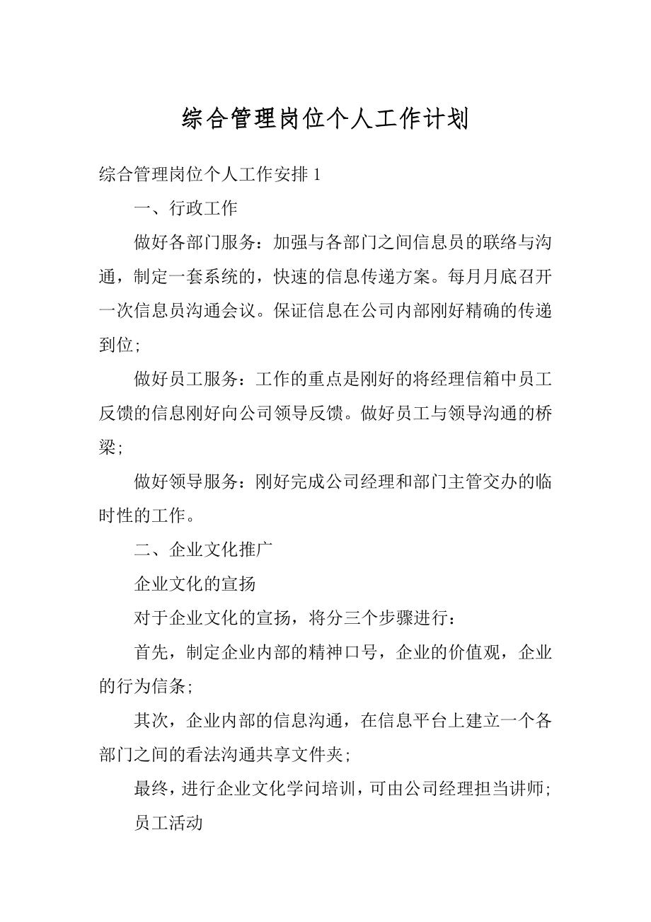 综合管理岗位个人工作计划精编.docx_第1页