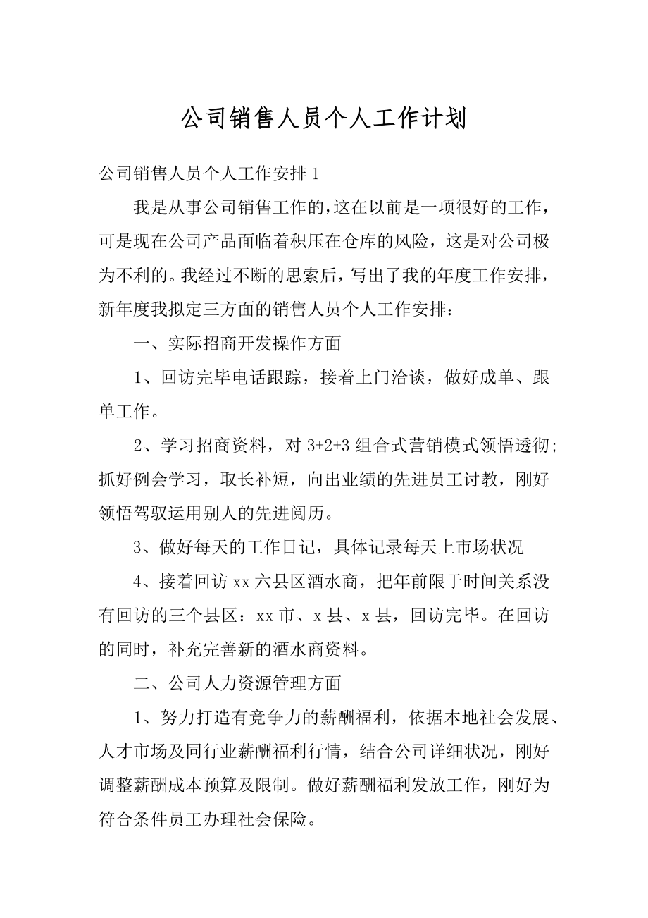 公司销售人员个人工作计划范文.docx_第1页