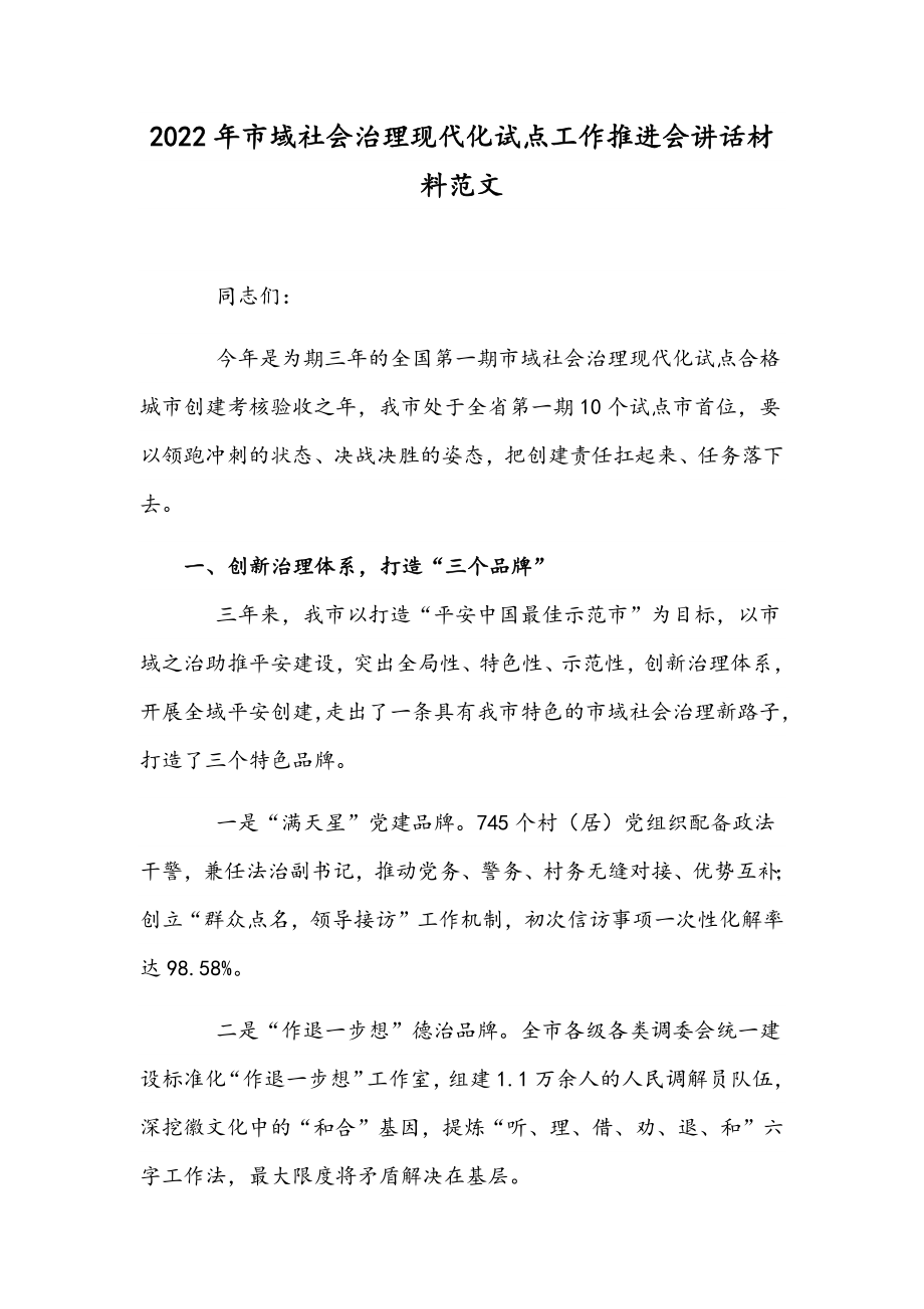 2022年市域社会治理现代化试点工作推进会讲话材料范文.docx_第1页